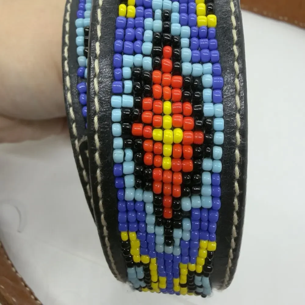 Vintage Beaded Leather Belt SouthWestern Black Sz 30 Native American Handmade